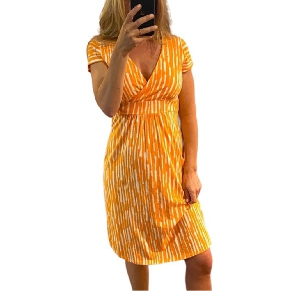 Boden Jersey Day Dress Orange White Print Cap Sleeve Faux Wrap Pullover Size 4